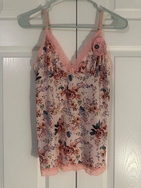 Pink Floral Lace Trim Cami Top